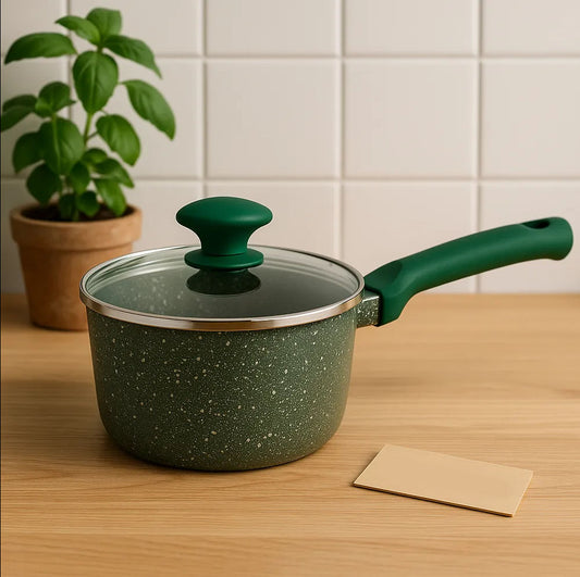 Non-Stick Granite Saucepan with Glass Lid – Green (High-Heat & Scratch-Resistant) (16cm)