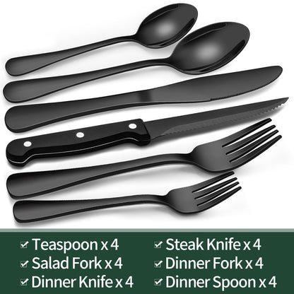 24 piece black silverware set, black dinnerware set for 4, food grade stainless steel flatware set