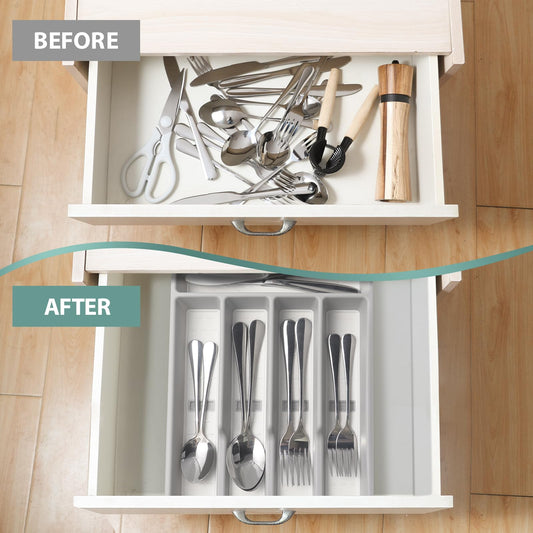 Silverware Organizer，Plastic Cutlery silverware Tray for Drawer,Fits Standard Drawer,5-Compartment,White