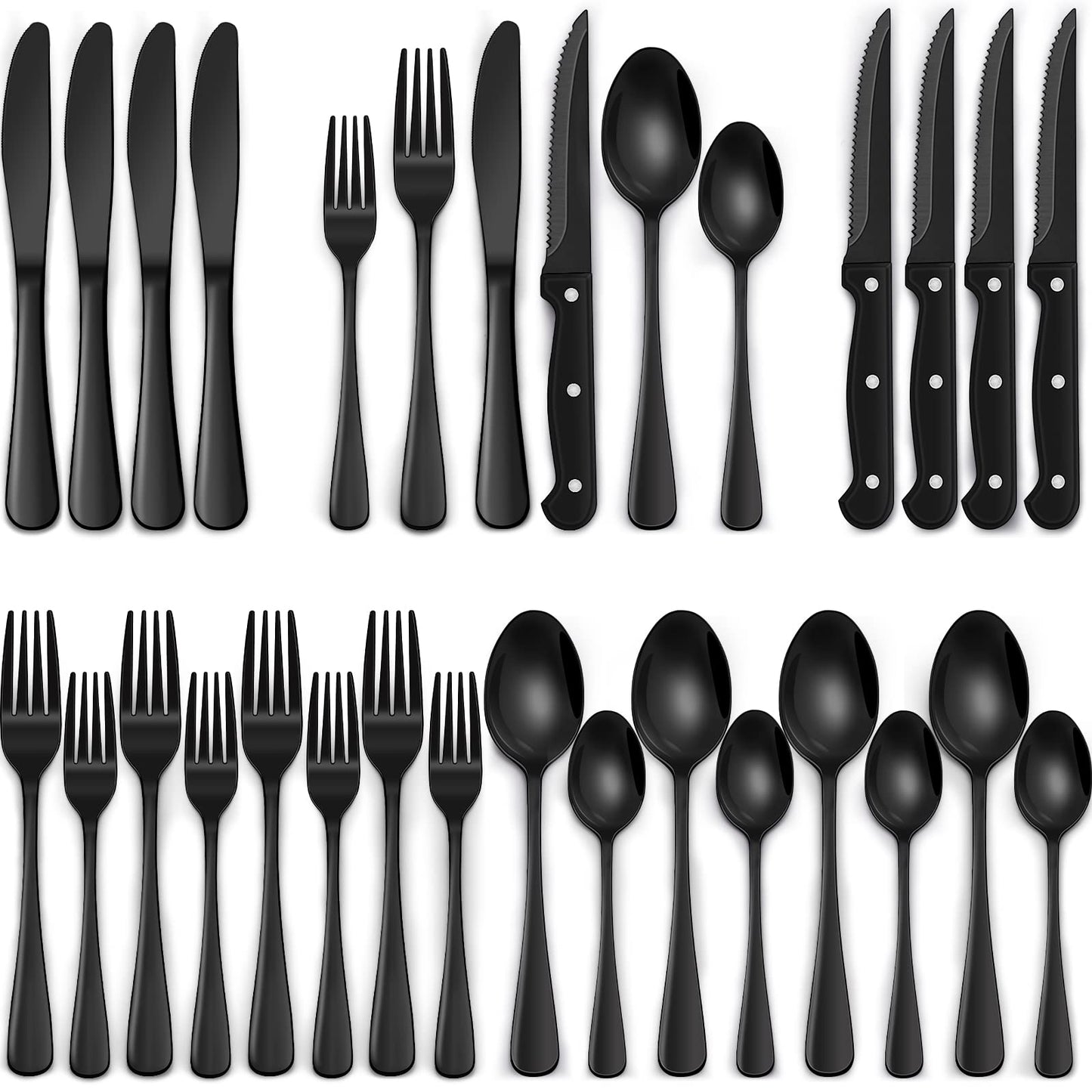 24 piece black silverware set, black dinnerware set for 4, food grade stainless steel flatware set