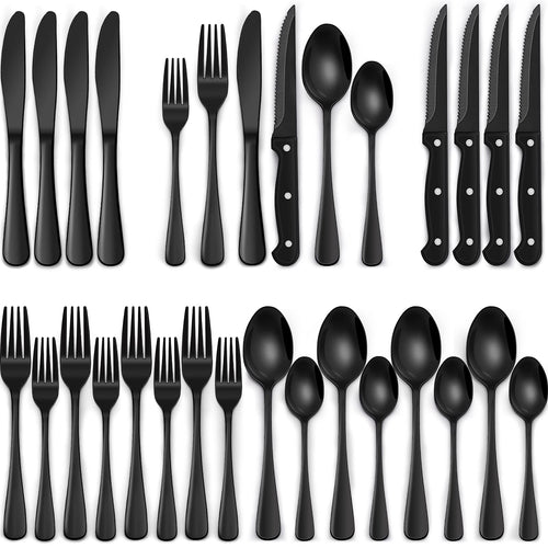 24 piece black silverware set, black dinnerware set for 4, food grade stainless steel flatware set