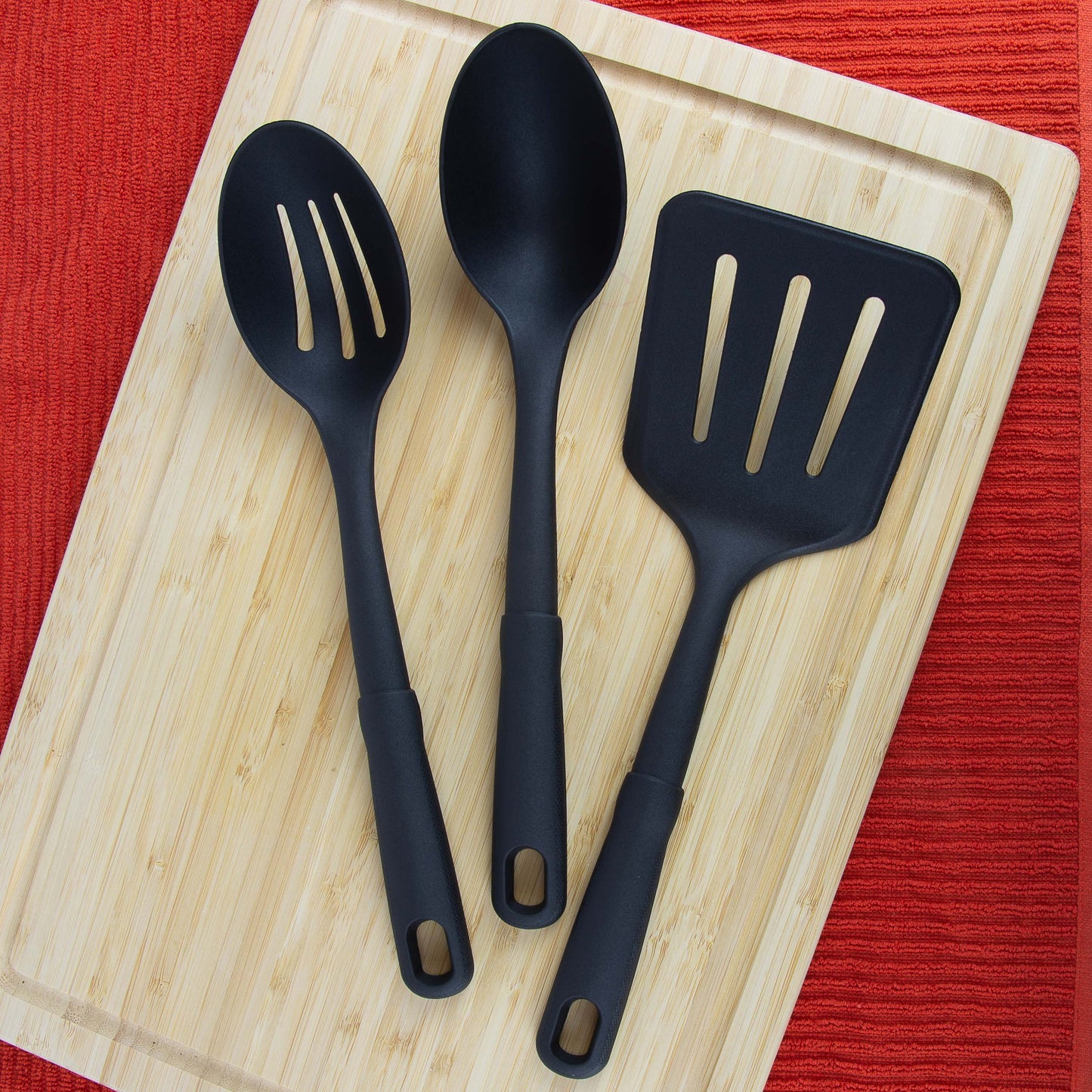 3-piece kitchen utensil set, slotted spatula, slotted spoon and solid spoon, black, nylon