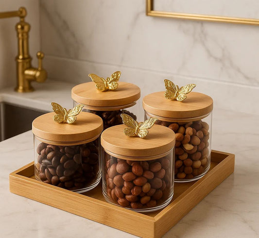 Golden Butterfly Lid Glass Jar Set with Wooden Tray – Premium Storage Containers (Set of 4)