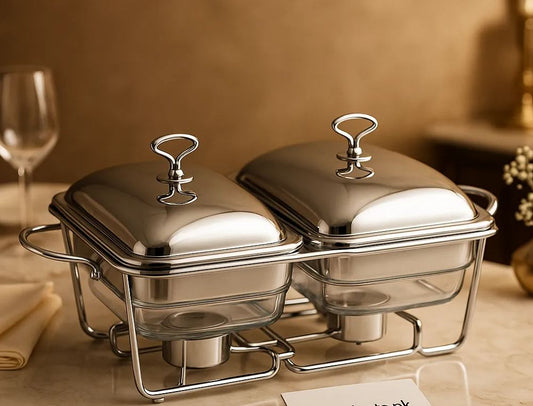 Double Stainless Steel Chafing Dish Set – Dual Food Warmer With Glass Containers & Stand