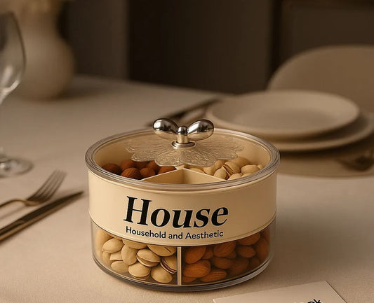 Luxury 4-Grid Dry Fruit & Snack Storage Jar – Premium Round Organizer with Crystal Lid